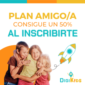 Folleto con niños y un texto que dice 50% de descuento al inscribirte con plan amigo